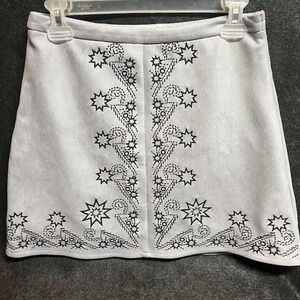 Womens A-Line Mini Skirt Gray Faux Suede Star Embroidered Casual Party